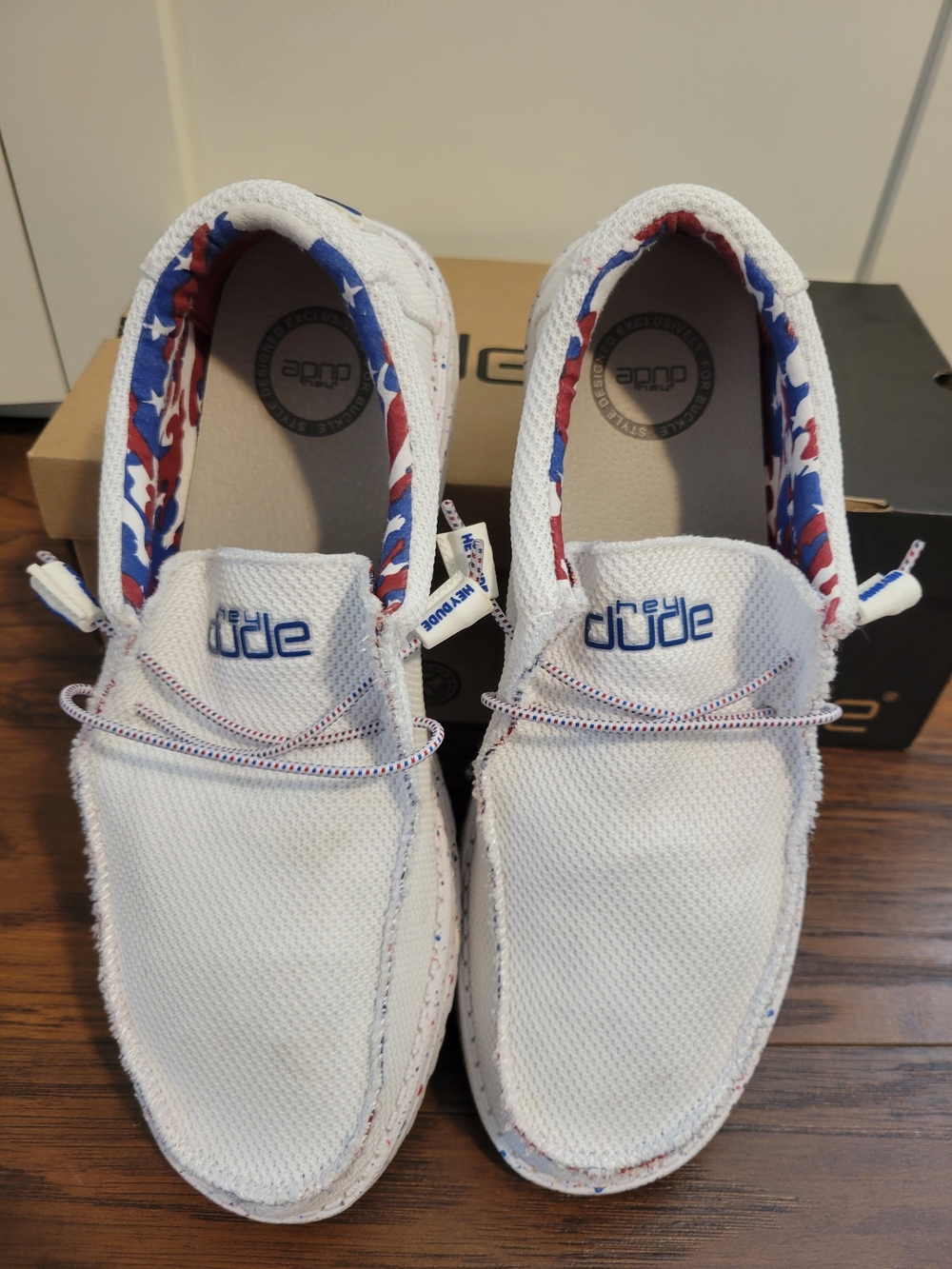 Hey Dude 4th Of July White Slip-On Sneakers with Red & Blue Star Lining - Picture 2 of 10